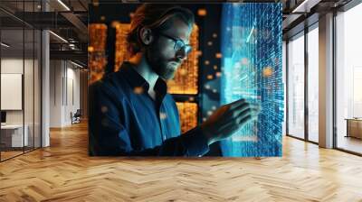 Young entrepreneur man working on his laptop at a table in a modern office space, cyber space big data concept, using information Wall mural