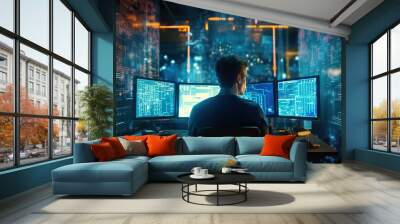 Young entrepreneur man working on his laptop at a table in a modern office space, cyber space big data concept, using information Wall mural