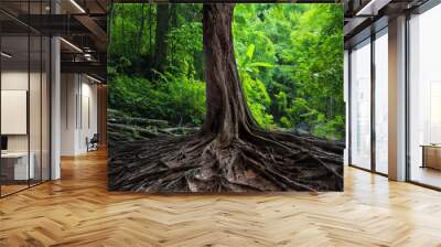 Old tree with big roots in green jungle forest Wall mural