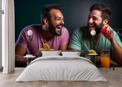 A vivid photograph of two handsome men, casual cloth, t-shirts, they are drinking colorful drinks, coctails, pure backround Wall mural