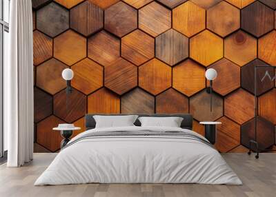 Geometric wood wall, fall made from wooden Hexagon, honeycomb, 3d. Front View, copy space. Wall mural