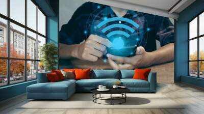 Use business smartphone with wifi icon, business communication social network concept. Wall mural