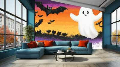 A playful ghost with bats against a colorful sunset background. Wall mural