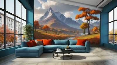 A serene landscape featuring autumn foliage, mountains, and a flowing river. Wall mural