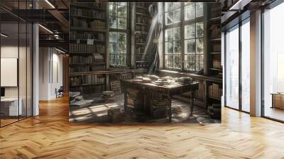 Dusty books line the shelves with sunlight gently streaming in Wall mural