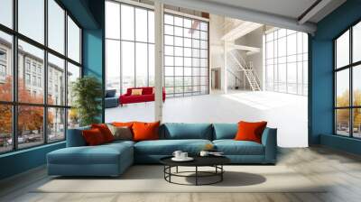 Empty clean two floors indoor interior industrial loft design photography studio workshop living room in apartment full of space with sofa set with artwork stairs light bulbs air conditioner system Wall mural