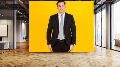 Studio shot isolated on yellow background of handsome and executive look caucasian businessman in black suit pose in boss action and positive smile face. Successful and happy business man concept Wall mural