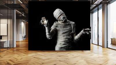 Studio shot portrait  of young man in costume  dressed as a halloween  cosplay of scary mummy pose like a clamber acting on isolated black background Wall mural