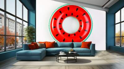 Top view closeup isolated studio shot of colorful red and green watermelon with black seeds round shape swimming pool lifesaver kid rubber ring using on sea beach vacation placed on white background Wall mural