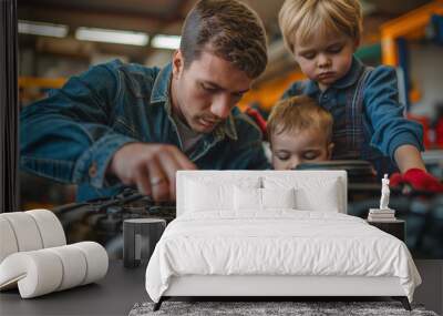 a father and son repairing a car engine in the garage Wall mural