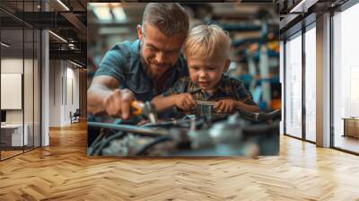 a father and son repairing a car engine in the garage Wall mural