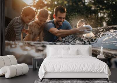 a happy family washing their car in daytime. they very happy and enjoy Wall mural