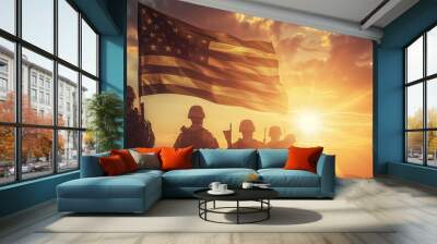 Group of American soldiers standing with american flag Wall mural