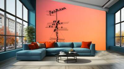 A blurred abstract background of a multitude of birds flying or clinging to an electric pole, television signal, telephone in the evening community with the twilight of the evening sky during the day Wall mural