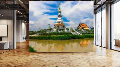 Background of a beautiful church in the middle of the water, important religious attractions in Udon Thani province of Thailand, Wat Pa Ban Tat,Atthaborin Luang Maha Bua Yannasampanno Museum Building. Wall mural