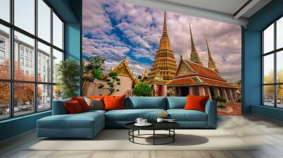 background of important religious attractions in Bangkok (Wat Phra Chetuphon (Wat Pho - reclining Buddha), a large pagoda and beautiful sculptural art give future generations to explore its history Wall mural