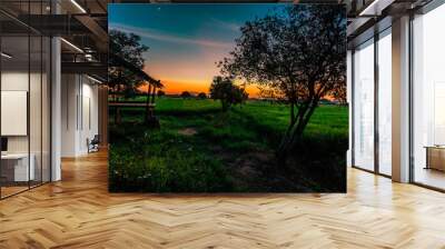 Nature Wallpaper (Mountains, Green Fields, Roadside Accommodation, Twilight Sky) The beauty of nature while traveling, with the wind blowing through the blurred leaves. Wall mural