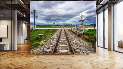 Railroads have barricades and traffic signals to alert when trains pass. Wall mural