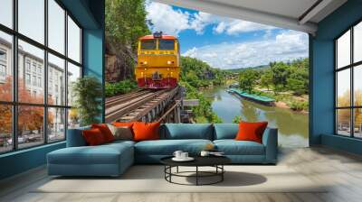 Kanchanaburi Province, Locomotive, Steam Train, Thailand, Train,World war II historic railway, known as the Death Railway with a lot of tourists on the train taking photos of beautiful views over Kwai Wall mural