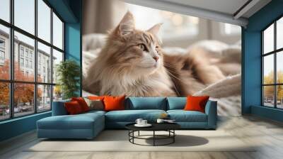 Long-haired cat lying on a knitted blanket with bokeh lights in background. Indoor pet portrait with warm tones and soft focus for a cozy home concept, generative ai Wall mural