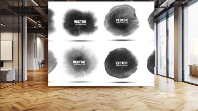 Black watercolor stain set. Aquarelle dark grey spots. Circular watercolor stains. Vector illustration. Wall mural