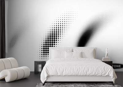 Halftone curved gradient pattern texture isolated on white background set. Curve brush smear using halftone circle dots raster texture collection. Vector illustration. Wall mural