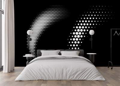 Halftone vector circle dots gradient pattern isolated on black background. Curve dotted spots using white halftone dot raster texture. Blot half tone collection. Wall mural