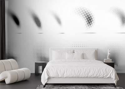 Set of halftone dots curved gradient pattern texture isolated on white background. Curve dotted spots using halftone circle dot raster texture collection. Vector blot half tone collection.  Wall mural