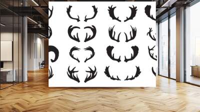 Set of hand drawn deer horns black on the white background. Wall mural