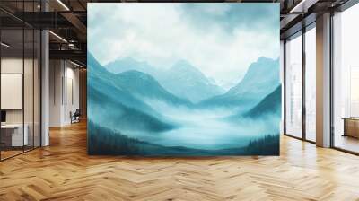 A serene landscape featuring mountains enveloped in mist under a cloudy sky. Wall mural