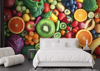 A vibrant assortment of fresh fruits and vegetables, showcasing colors and textures that inspire healthy eating and culinary creativity. Wall mural