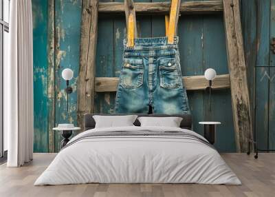 Children's denim shorts on a wooden ladder. Wall mural