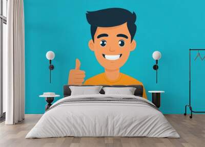 Happy young man showing thumbs up with a cheerful expression on a blue background. Wall mural