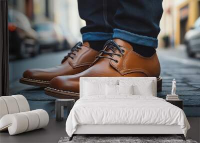 Stylish brown leather shoes worn by a person on a cobblestone street, capturing urban fashion. Wall mural