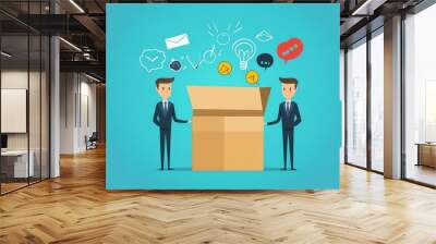 Two businessmen discussing ideas and solutions around a cardboard box on a bright blue background. Wall mural