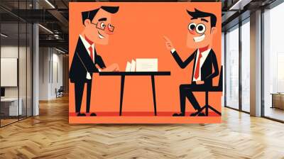 Two cartoon businessmen engaged in a discussion at a table, with a vibrant orange background. Wall mural