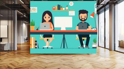 Two cheerful professionals working on laptops in a modern office environment. Wall mural