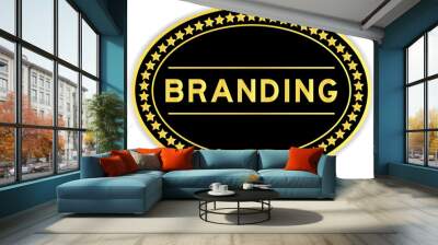 Black and gold color round label sticker with word branding on white background Wall mural