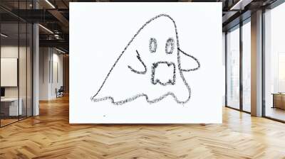 Black color oil pastel hand drawing in flying ghost shape on white paper background Wall mural