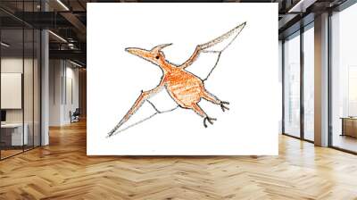 Color oil pastel hand drawing in flying dinosaur (Pteranodon) shape on white paper background Wall mural