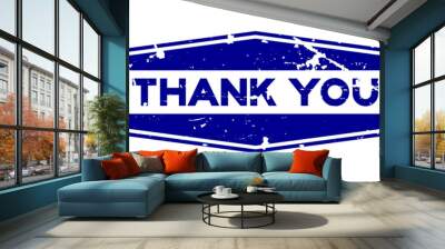 Grunge blue thank you wording hexagon rubber seal stamp on white background Wall mural