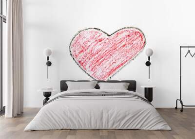 Red color oil pastel hand drawing in heart shape on white paper background Wall mural