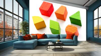 set of wood shape toy block (square, triangle, trapezoid, oval) on white background Wall mural