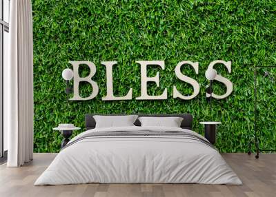 Wood alphabet letter in word bless on green grass background Wall mural