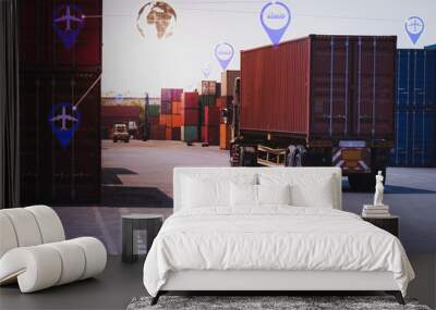 Logistics and transportation of Container Cargo ship and Cargo plane Wall mural