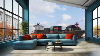 Logistics and transportation of Container Cargo ship Wall mural