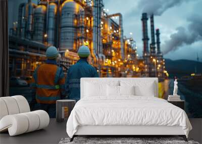 A man in safety vest stands in front of a large industrial plant Wall mural