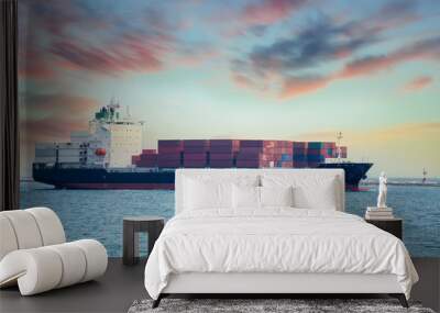 Aerial view by drone container ship and  boat going to sea port for logistics shipping Wall mural