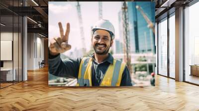 Construction engineer showing the victory sign at construction site Wall mural