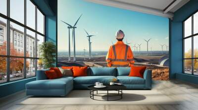 Generative AI  Engineer working at alternative renewable wind energy farm - Sustainable friendly industry concept Wall mural